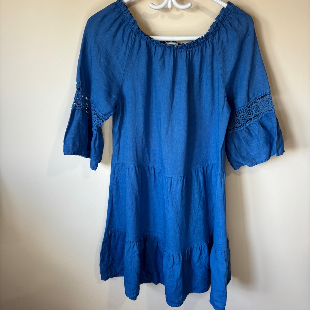 Terzo Millennio Linen Cotton Blue Bohemian Ruffle Tiered Mini Sundress Italy